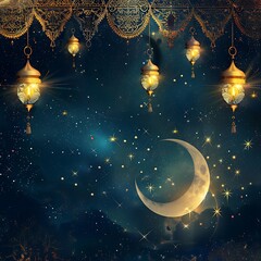 Golden Lanterns & Crescent Moon Night Sky