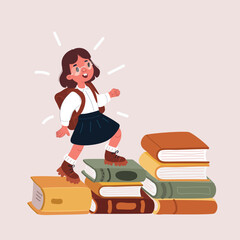 Cartoon Vector Illustration girl climb ladder pile stack book