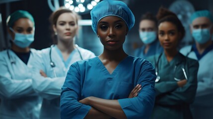 Portrait of a diverse team of surgeons and doctors in the operating room, serious and professional healthcare staff with arms crossed African American nurse female medics standing together hospital