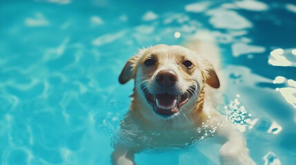 Cute, adorable dog, an excited puppy, a lovely pedigreed home pet with a joyful, happy, affectionate cheerful expression, swimming in the water of a pool, lake, or sea on a sunny summer day, fun
