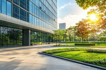 Urban Oasis: A Contemporary Office Building Embraces Nature with Lush Greenery and Sun-Drenched Pathways.