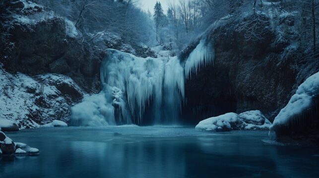 Beautiful scenic snowy forest landscape, frozen waterfall in wilderness, small lake or river encased in ice, snow, and frost during the winter season, nature and weather, climate - Powered by Adobe
