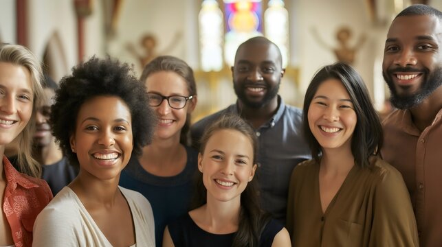 Group of diverse young people, women and men religious Christians together in a church for a Christian holiday or Bible reading faith, religion, and belief in Jesus Christ God, spirituality and prayer