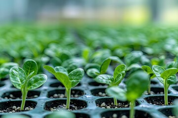 Tiny Green Shoots Reaching for the Light: A Close-Up of Seedlings Flourishing in an Indoor Nursery