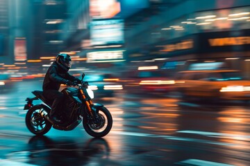 A motorcyclist rides through a rain-soaked urban environment at night, with colorful city lights reflecting off the wet pavement and blurring due to motion.