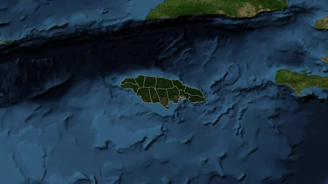 Zoom from Earth to Jamaica. (with Provinces) World map animation with highlighted borders of countries. Images from NASA