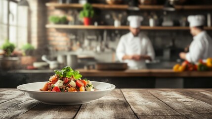 Naklejka premium Food dish plate on table in restaurant kitchen and chefs on background 