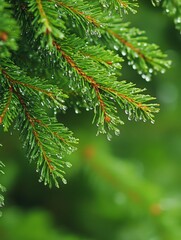 Fototapeta premium Fresh green pine needles glisten with raindrops in lush forest setting