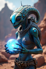 Alien Creature Holding Glowing Orb in Desert Landscape