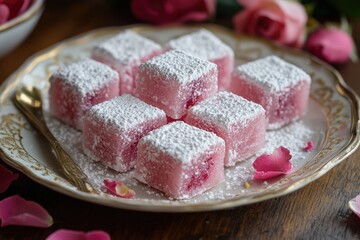 Elegant squares of rose flavored Turkish delight dusted with powdered sugar, adorned with rose petals