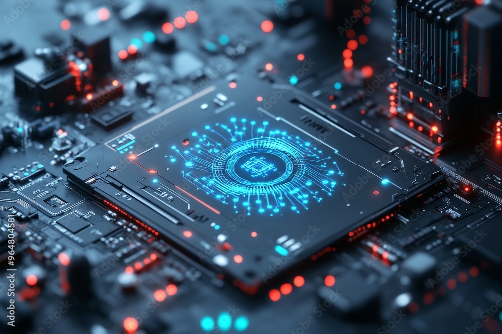 Poster a technologically advanced image of a microprocessor chip with vibrant data lines emanating from it,