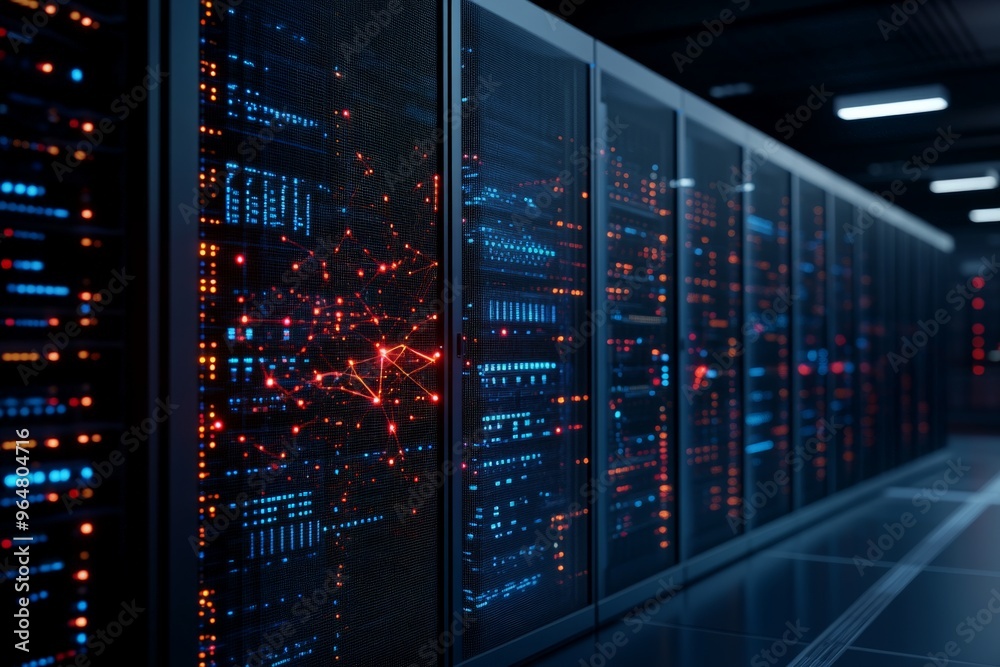 Poster a row of illuminated servers in a modern data center, showcasing interconnected hardware and glowing