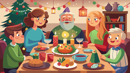 Fototapeta premium Family Celebrating Christmas Dinner with Traditional Holiday Feast