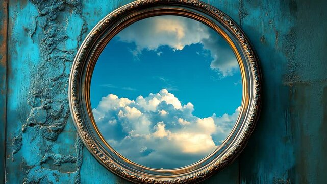Mirror reflecting blue sky and clouds on