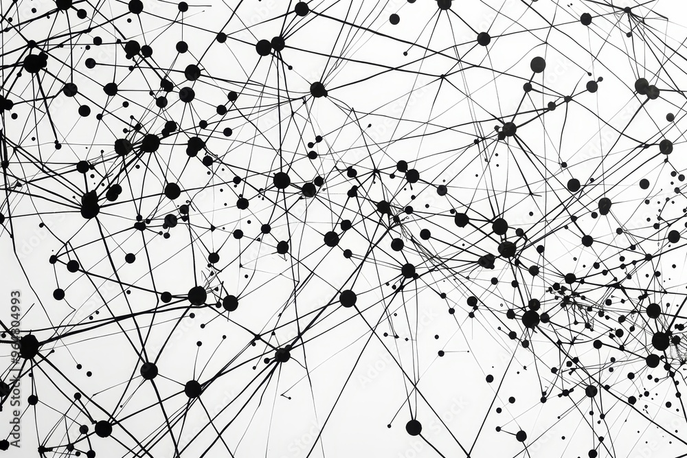 Poster a complex network of intersecting black lines and circles is displayed on a bright white background,