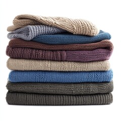 Stack pile of folded wooley knit cloth isolated on white background 