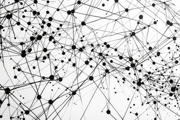 A complex network of intersecting black lines and circles is displayed on a bright white background, illustrating themes of connectivity and abstract design dynamics.