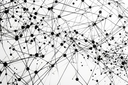 A complex network of intersecting black lines and circles is displayed on a bright white background, illustrating themes of connectivity and abstract design dynamics.