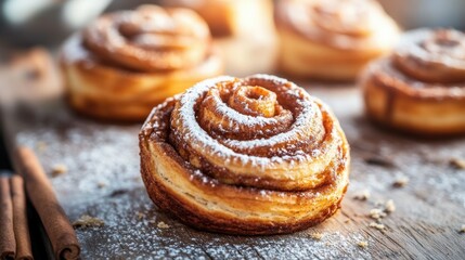 Fototapeta premium Warm cinnamon rolls on a wooden table with powdered sugar topping