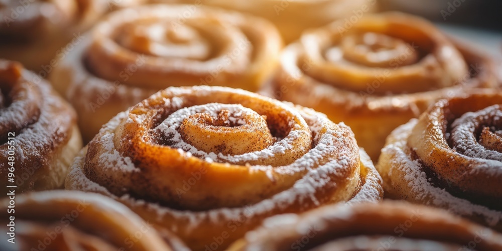 Wall mural freshly baked cinnamon rolls with powdered sugar on a wooden surface