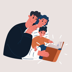 Cartoon Vector Illustration of Caring father in glasses reading book to little daughter and son, hugging, sitting on cozy couch at home, family spending leisure time together, loving dad with kids eng