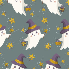 Seamless pattern with cute ghosts. Halloween theme. Little cute ghosts with witch hat, purse and lantern. Vector illustration.