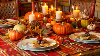 Naklejka premium Photorealistic Cozy Thanksgiving Table Set for Two with Pumpkins, Candles, and Fall Decor