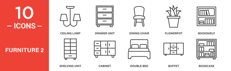 Furniture icon set. Ceiling lamp, drawer unit, dining chair, flowerpot, bookshelf, icons. Outlined icon collection. Vector illustration.