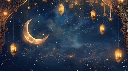 Fototapeta premium Golden Ramadan Night Sky with Lanterns and Crescent Moon