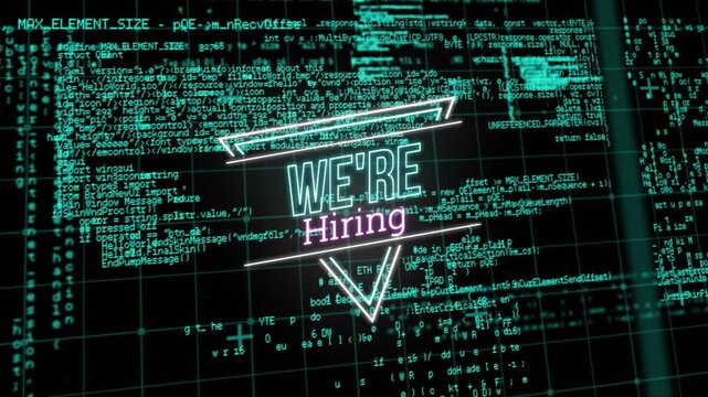 Animation of we're hiring text over data processing