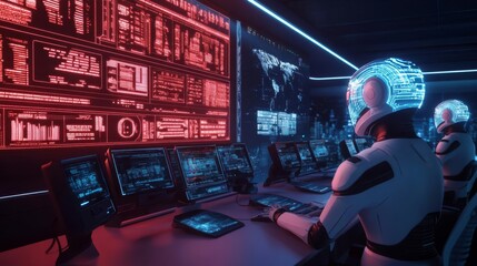 Naklejka premium Futuristic AI newsroom, digital reporters, holographic news feeds, dynamic urban setting