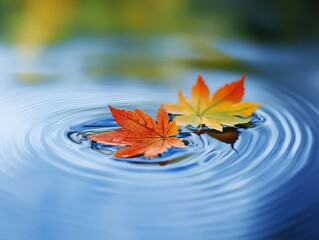 Colorful autumn leaves floating on clear water in a serene pond