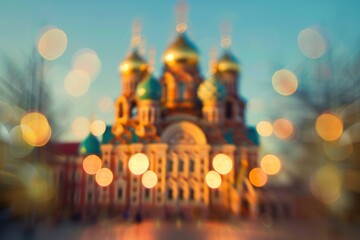 Obraz premium Blurred abstract Orthodox church background, peaceful religious Christian atmosphere