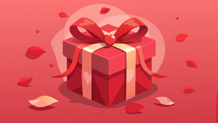 Red Gift Box with Ribbon and Falling Petals on Pink Background, Romantic Gift