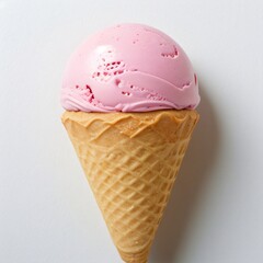 Pink soft serve ice cream in a cone on white background..
