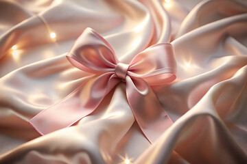 Fototapeta premium A pink ribbon is tied in a bow on a white fabric