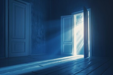 Soft light streams through a distant door in a dark, minimalist interior.