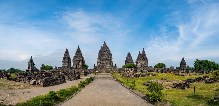 Prambanan temple complex panorama in Yogyakarta, Indonesia. Prambanan is a 9th-century Hindu temple compound, and a UNESCO World Heritage Site