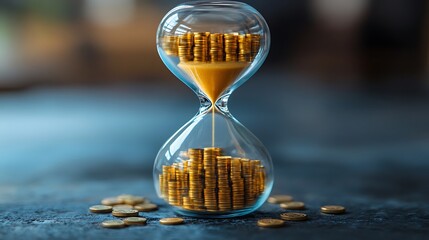 An hourglass with gold coins flowing through it, representing the concept of time and money.