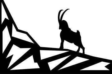 Mountain goat, ibex logo vector isolated on white background. Silhouette of great ram standing at rock
