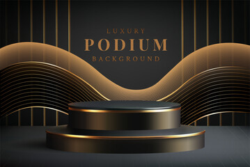 A luxurious black podium with golden glow. Realistic Background template for product presentations, perfect for Black Friday