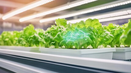 Smart urban farming, digital plant growth monitoring, neon-lit greenhouse, urban tech setting