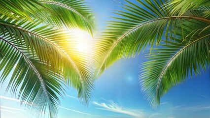 Lush palm branches against a bright blue sky with sun rays in a serene tropical setting with copy space
