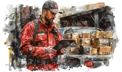 A devoted emergency responder checks supplies in a bustling warehouse setting during the day, showcasing dedication to service and community support in a critical environment