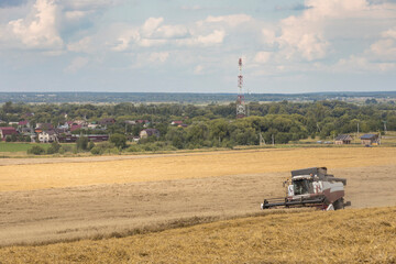 A tractor is driving through a field of grain