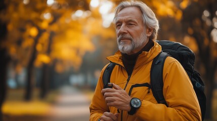 Obraz premium Older man hiking in an autumn park, surrounded by golden leaves, enjoying a peaceful walk while wearing a bright yellow jacket with a backpack