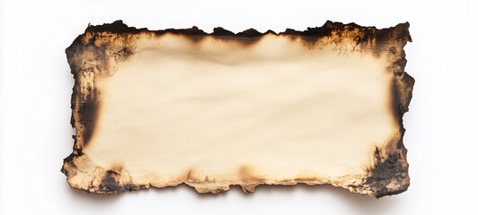 Piece of old paper with dark burnt borders, isolated on white