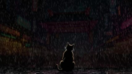 Neon city night heavy rain, thunder storming, a cat sitting alone in the road, lofi animation loop