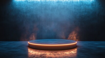 A large, empty stage with a blue background and orange lights