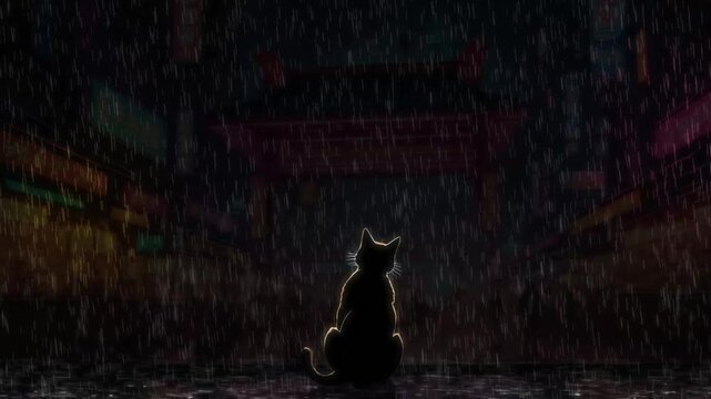 Neon city night heavy rain, thunder storming, a cat sitting alone in the road, lofi animation loop